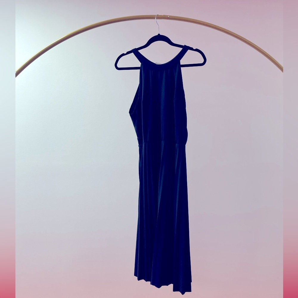 Calf length retro navy dress with pleated skirt